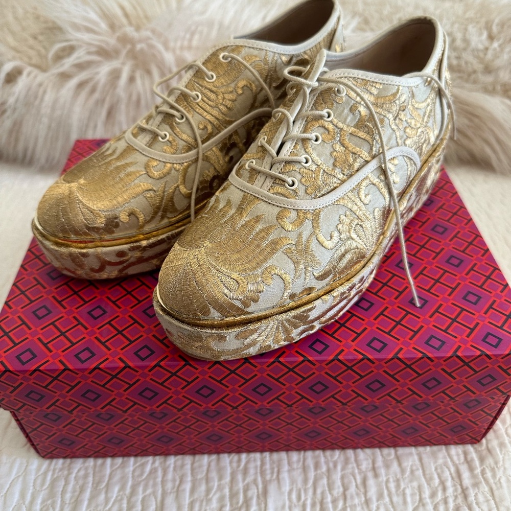 Tory Burch Gold Brocade Platform Oxford